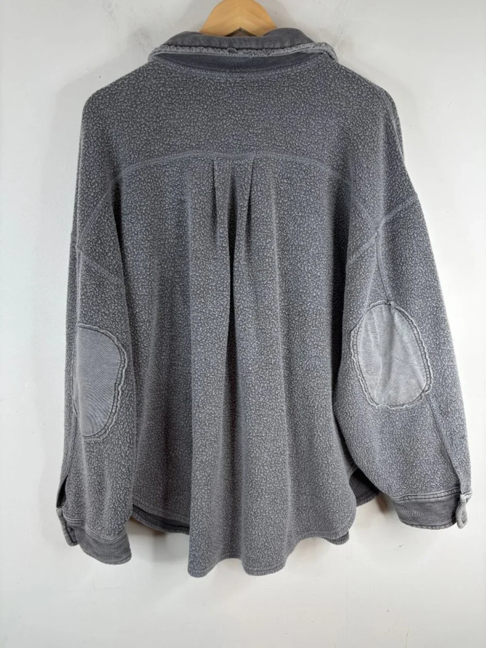 Free People Ruby Fleece Jacket M Shacket Grey Distressed Boho Oversized Pockets